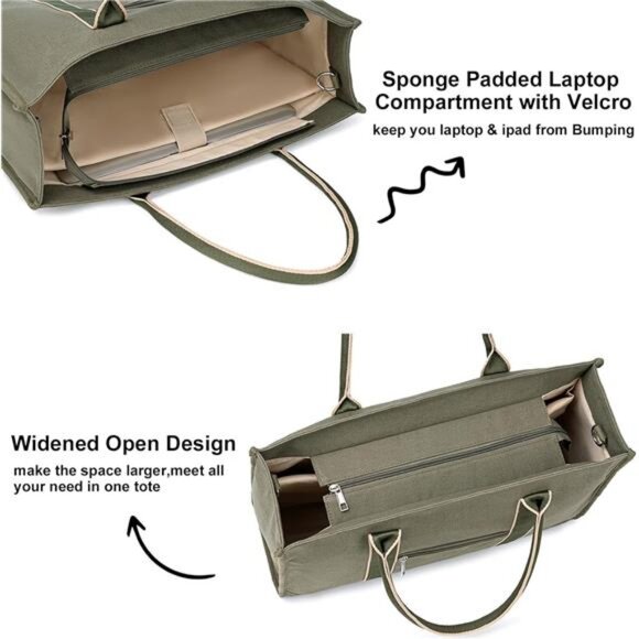 Laptop Tote Bag for Women Work Shoulder Bag 15.6 Inch Canvas Messenger Purse - Picture 4 of 7